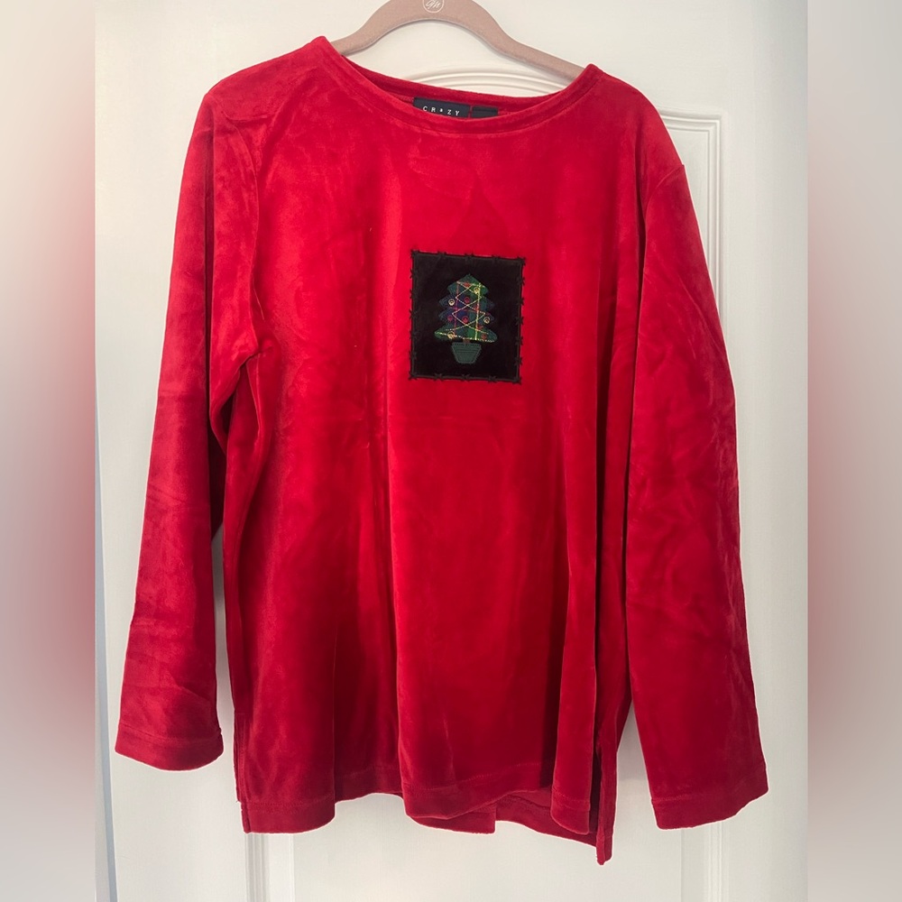Crazy Horse Red Velour Sweater Xmas Tree Embroidery Women’s XL Petite VTG